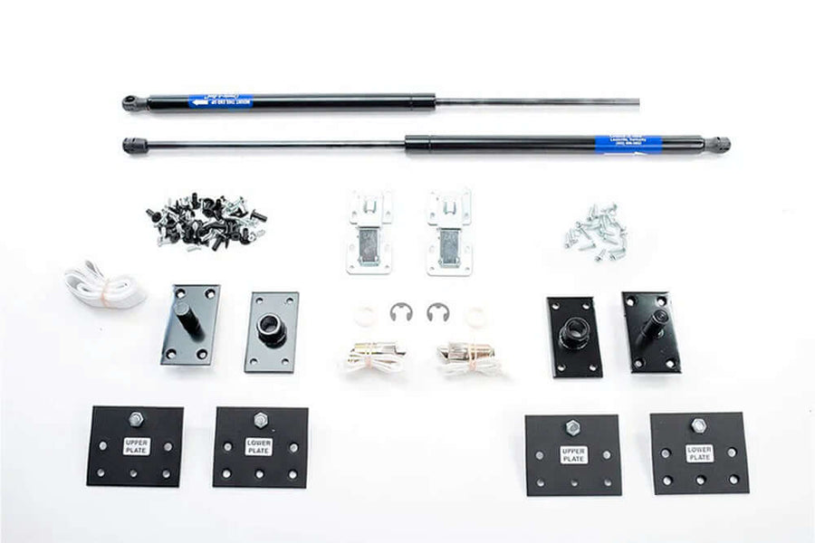 Standard Murphy bed mechanism kit hardware laid out and labeled